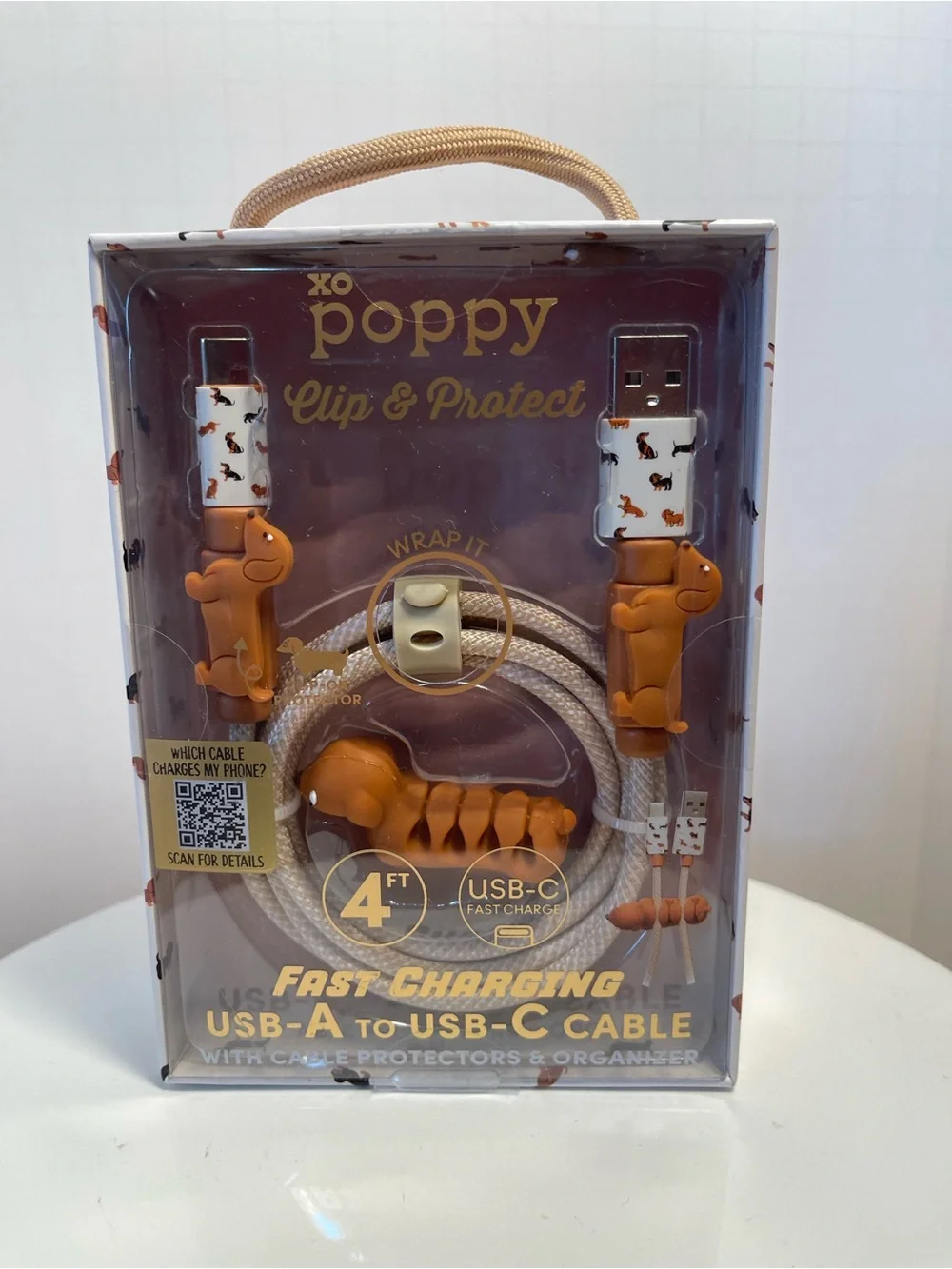 XO Poppy Dachshund Fast Charging USB-A to USB-C Cable w/Protectors 4ft - NWT **